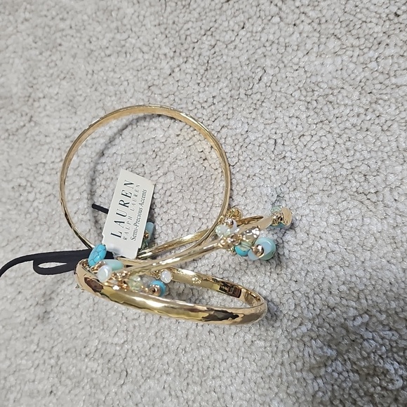 Lauren Ralph Lauren Gold Bangles with Turquoise and Pearl Accents - Picture 1 of 4